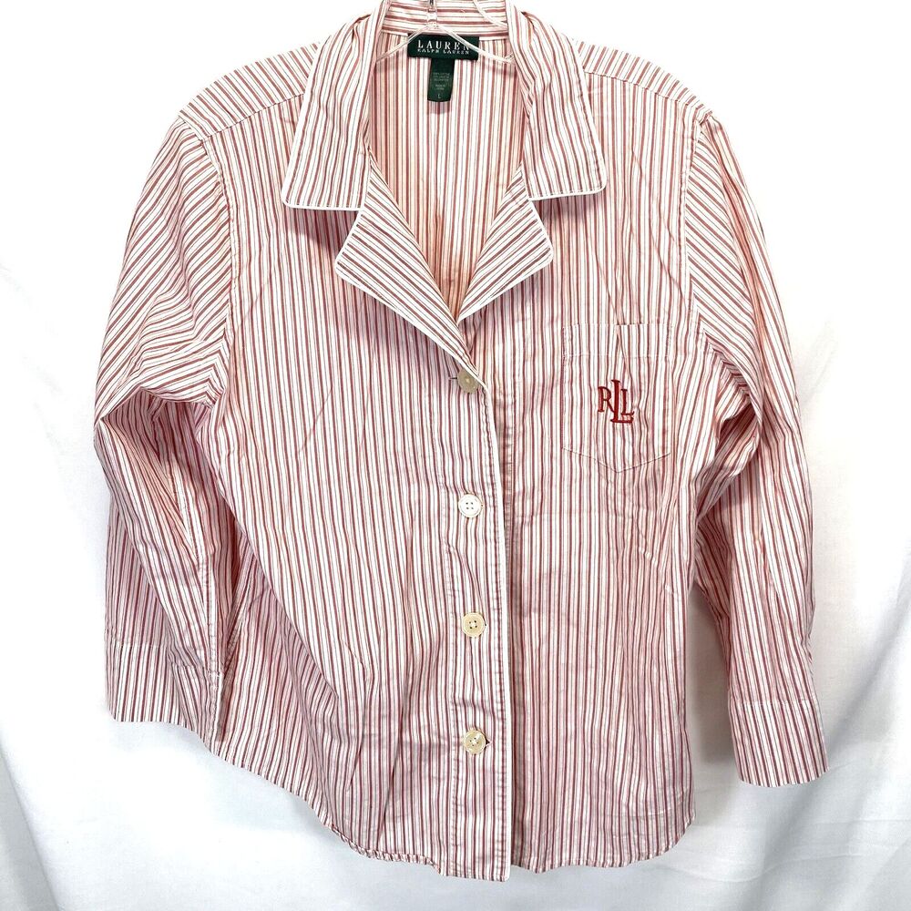 Lauren Ralph Lauren Women Pajama Top Large Candy-Striped Long Sleeve Cotton Logo